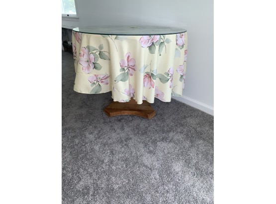 Glass Top Wood Table, With Wood Base And Tablecloth