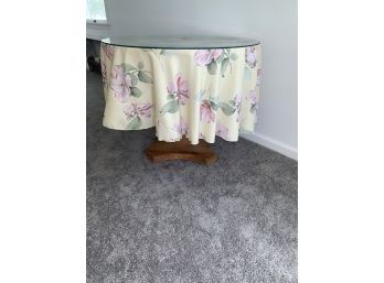 Glass Top Wood Table, With Wood Base And Tablecloth