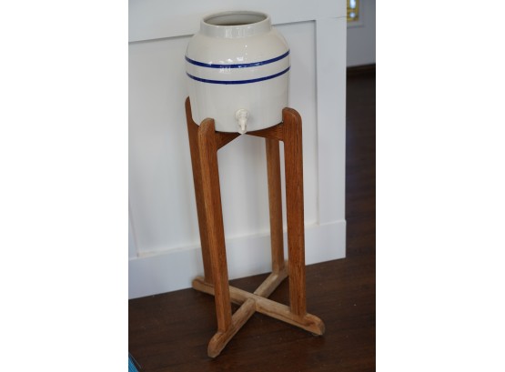 WOOD STAND WITH PORCELAIN PITCHER