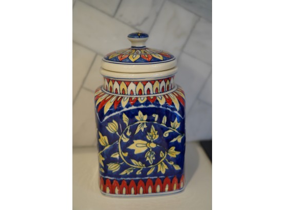 HAND PAINTED PORCELAIN COOKIE JAR WITH LID