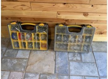 LOT OF 2 PLASTIC CONTAINERS OF NAILS AND SCREWS