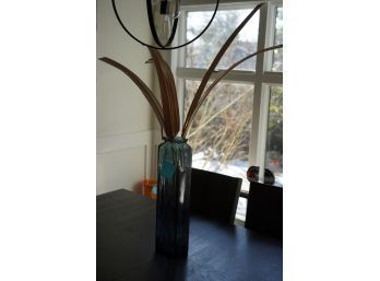 TALL BLUE FLOWER VASE WITH FAKE FLOWERS, 22IN HEIGHT