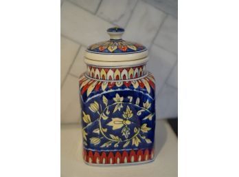 HAND PAINTED PORCELAIN COOKIE JAR WITH LID