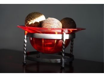 RED GLASS AND METAL FRUIT HOLDER WITH FAKE DECORATION