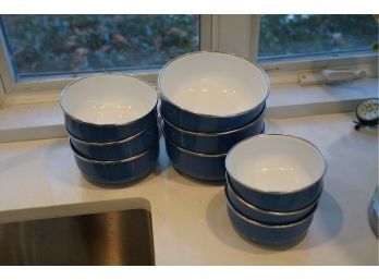 LOT OF 9 VINTAGE BLUE AND WHITE METAL BOWLS