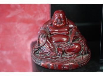 RED BUDDHA FIGURINE, CHECK PHOTOS SMALL CRACK, 5IN HEIGHT