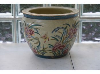 ASIAN STYLE HAND PAINTED PORCELAIN PLANTER, 12X9.5 INCHES