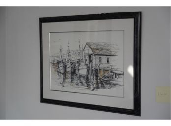 LITHO FRAMED BLACK AND WHITE SKETCH OF A FRIENDLY HARBOR, SIGNED BY AL GALLE, 9/71, 26X20 INCHES