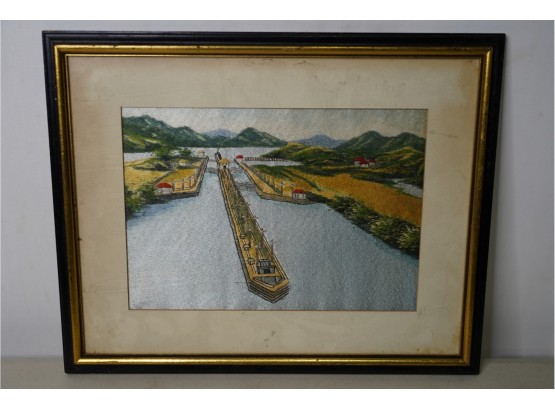NEEDLEPOINT SILK OF CANAL FRAMED WITH GOLD TRIM, 13X17 INCHES