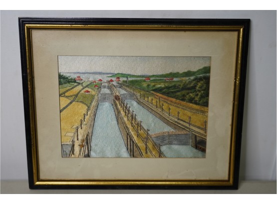 NEEDLEPOINT SILK OF CANAL FRAMED, 13X17 INCHES