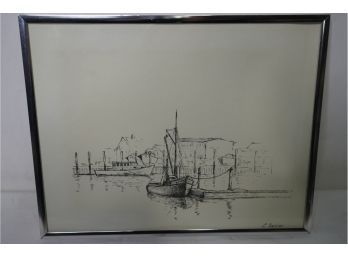 BLACK AND WHITE SKETCH OF A SAILING BOAT FRAMED, SIGNED BY C SELMI , 14.5X11.5 INCHES