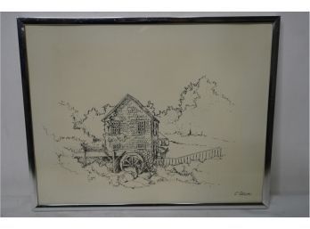 FRAMED BLACK AND WHITE PRINT OF A HOUSE SIGNED BY C SELMI, 14.5X11.5 INCHES