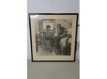 BLACK AND WHITE PRINT OF A BOY AND A MAN, 24.5X23.5 INCHES