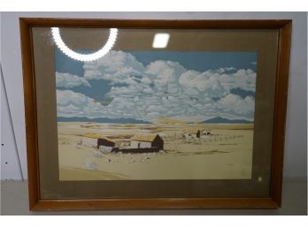PRINT FRAME OF A HOUSE IN THE DESSERT, SIGNED BY C. BUMELL, 17X23 INCHES