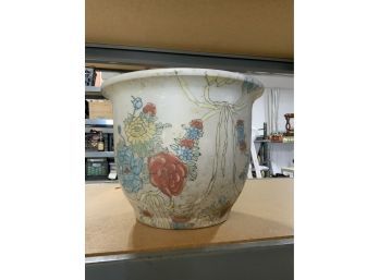 HAND PAINTED ASIAN STYLE PORCELAIN FLOWER POT WITH DESIGN, 9X12 INCHES