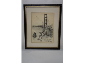 GOLDEN GATE BRIDGE OFFSET LITHOGRAPH, DATED 1977 AND SIGNED BY DON D. 13.5X16.5 INCHES, LOOSE FRAME