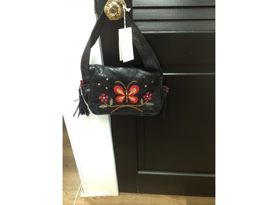Never Used-Black Italian Leather Handbag With Butterfly Design By Francesco Biasia