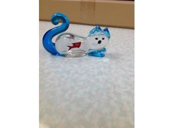 Made In Italy Murano Glass Cat With Fish Inside