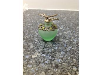 Green Glass Perfume Bottle With A Dragon Fly Top - Never Used