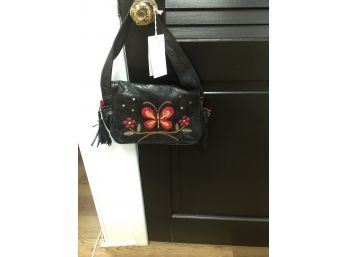 Never Used-Black Italian Leather Handbag With Butterfly Design By Francesco Biasia