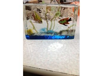 Block Of Glass With 2 Colored Fish