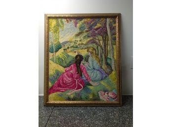 Framed Needlepoint Of 2 Girls-very Colorful