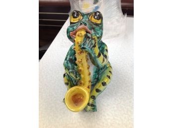 Handmade Clay Frog Playing A Musical Instrument -made In Italy
