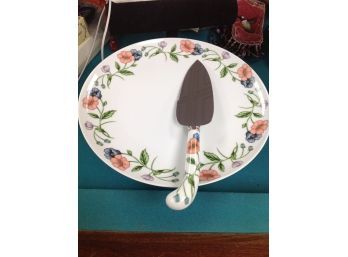Decorative Flowered Cake Plate And Matching Knife- Never Used In Box