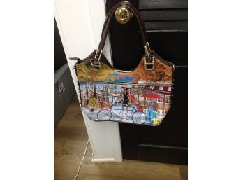 Nicole Lee Zippered Handbag With Straps Inside- French Scene Of Woman With Bicycle