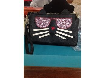 Black Cat Face Zippered Bag With Sparkly Sunglasses- Wristlet Never Worn