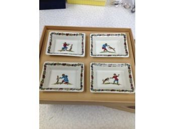 Philippe Deshoulieres Porcelaine De Limoge -4 Mini Dishes With Monkeys And Dogs On Them