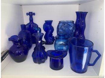 Large Lot Of Blue Glass, Antique