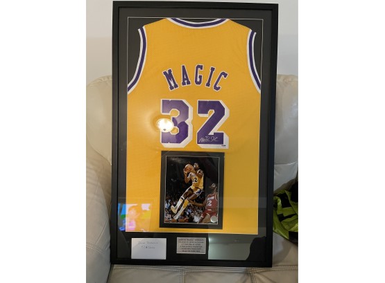 Earvin Magic Johnson Autographed Jersey Framed With Authentication By JSA