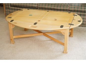 BARN STYLE WOOD COFFEE TABLE WITH 4 FOLDING SIDE OVAL SHAPE