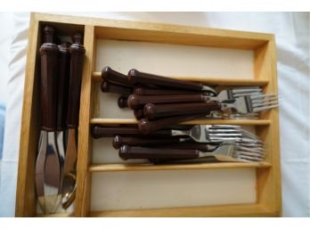 LOT OF SILVERWARE WITH BROWN HANDLES