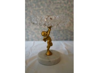 SMALL ANTIQUE CANDY BOWL WITH BRASS ANGEL AND MARBLE BOTTOM