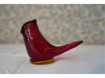 SMALL RED GLASS BIRD, SIGNED AND DATED