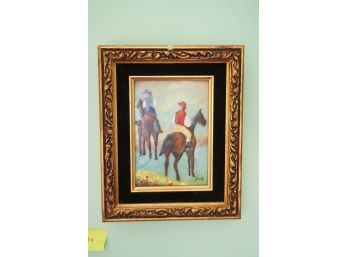 WOOD FRAMED TILE ART OF PEOPLE RIDING HORSES, SIGNED BY FOX