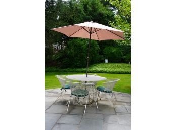 WOODWARD STYLE OUTDOOR METAL TABLE WITH 4 CHAIRS AND UMBRELLA