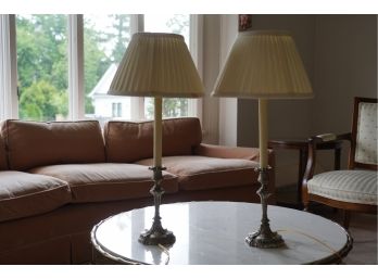 PAIR OF SILVER PLATE LAMPS WITH REMOVABLE SHADES