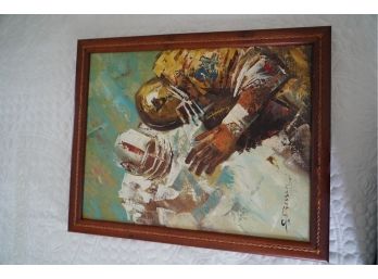 FRAMED VINTAGE OIL ON CANVAS PAINTING, FOOTBALL PLAYERS, SIGNED