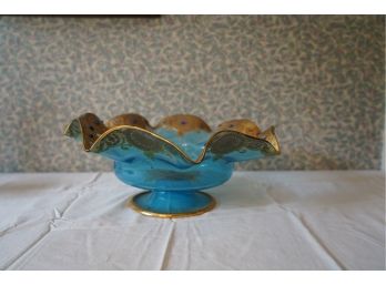 MID CENTURY BLUE AND GOLD GLASS LARGE BOWL