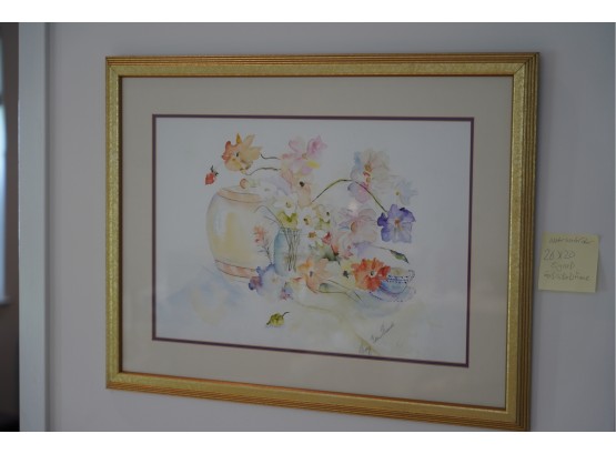 BEAUTIFUL SIGNED WATERCOLOR OF FLOWERS IN A GOLD GILDED FRAME