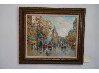 FRAMED GORGEOUS OIL CANVAS OF A FOREIGN CITY SIGNED BY ANTONIE B. IN A GILDED STYLE FRAME