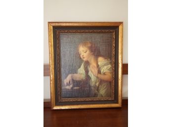 OIL ON CANVAS PAINTING A GIRL DOING HER HAIR ON A GILDED STYLE FRAME