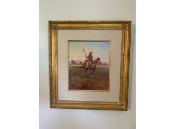 GORGEOUS OIL ON BOARD OF AN INDIAN IN A HORSE SIGNED
