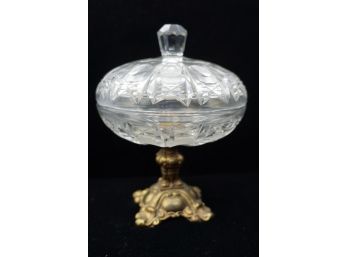 BEAUTIFUL GILDED PROVINCIAL LIDED CANDY BOWL WITH BRASS BASE 9IN HIGH