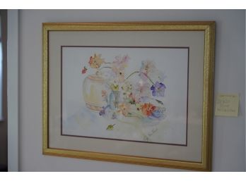 BEAUTIFUL SIGNED WATERCOLOR OF FLOWERS IN A GOLD GILDED FRAME