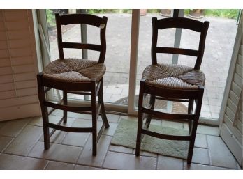 PAIR OF WOOD STOOLS WITH WICKER STYLE CUSHIONS