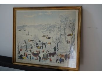 1950'S PRINT FRAMED TITLE 'SUGARING OFF BY GRANDMA MOSES' PRINT IN USA BY JAFFE N.Y. IMP